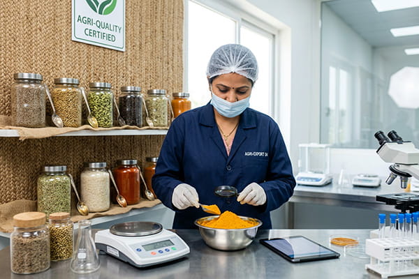 Indian quality assurance expert inspecting premium spices, representing AB Export's mission for high global standards.