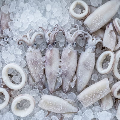 Clean, tender frozen squid rings and tubes for export.