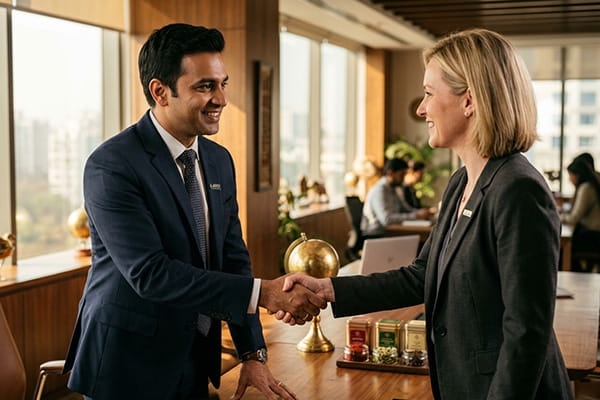 Professional handshake between an Indian export executive and a global client symbolizing AB Export's core values of trust and long-term partnership.
