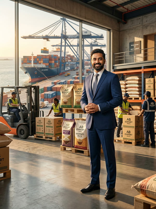 Confident Indian business executive of AB Export standing in a modern logistics warehouse representing global agricultural trade.