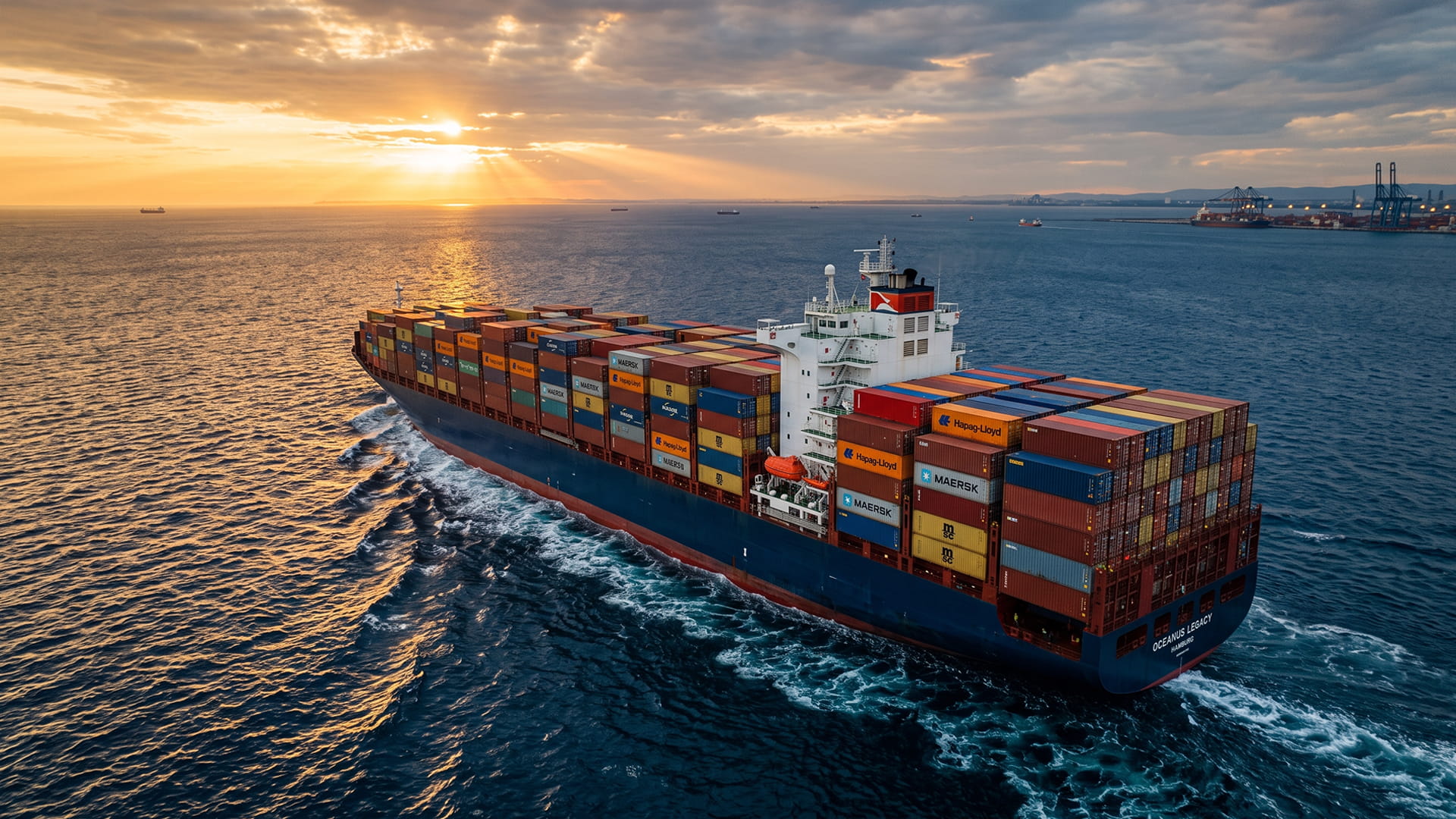 Container ship navigating the ocean to represent AB Export's global trade and international shipping operations from India