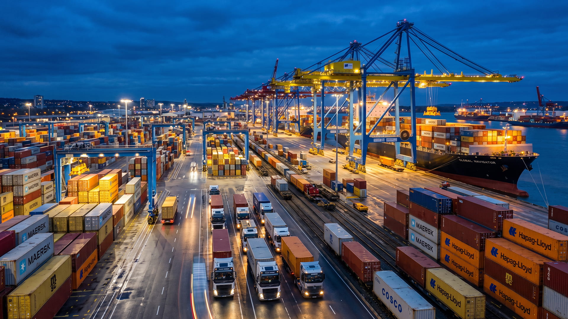 Modern shipping port logistics hub at sunset symbolizing reliable end-to-end export services by AB Export in Gujarat