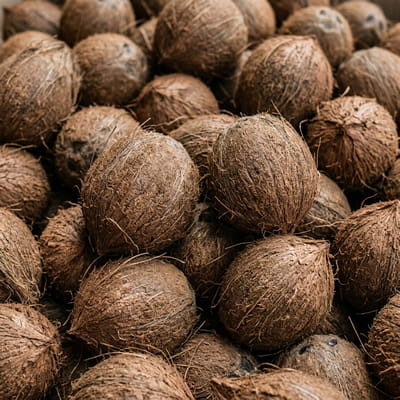 Mature, fully husked brown coconuts with coarse shell texture.