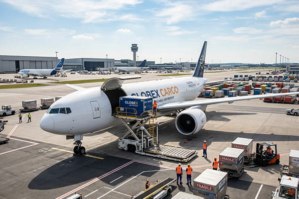 Modern cargo airplane being loaded representing AB Export's fast air freight solutions.