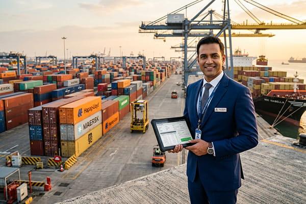 Professional logistics agent at a port representing AB Export's reliable CHA services.