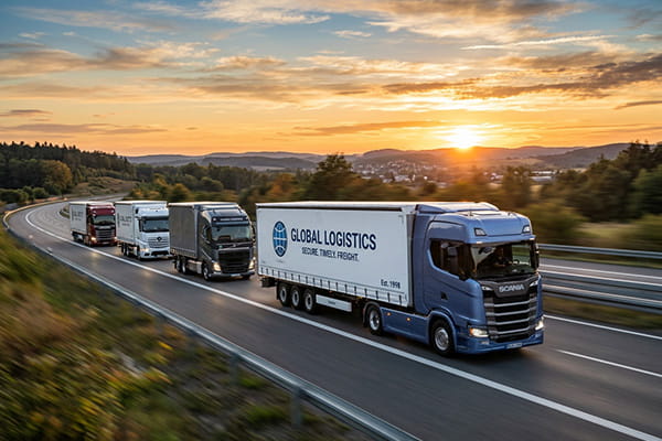 Fleet of modern transport trucks representing secure inland road freight by AB Export.