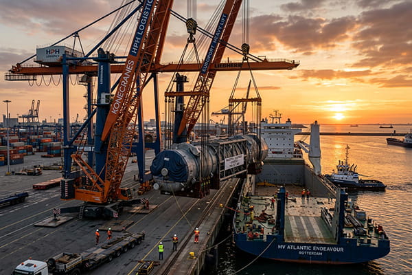 Heavy-duty cranes lifting oversized industrial equipment representing project cargo services.